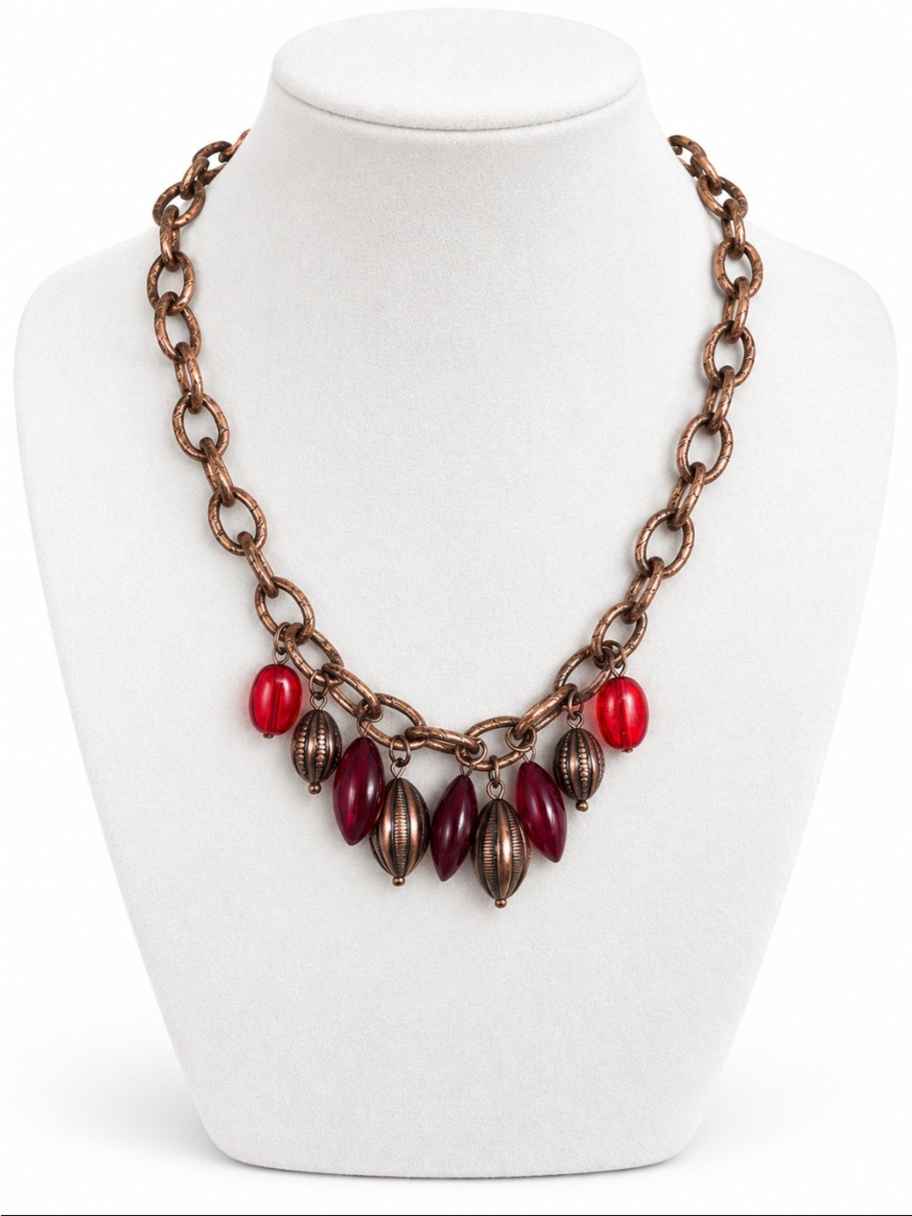 Antiqued Copper-Tone Red & Burgundy Bead Dangle Statement Necklace
